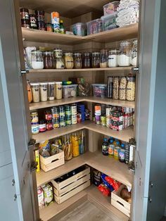 an organized pantry with lots of food in it