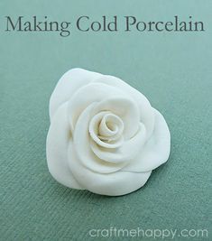 a small white rose sitting on top of a green surface with the words making cold porcelain