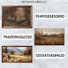 three paintings are shown in different sizes and colors, with the same number on each one