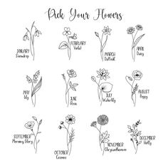 some flowers that have been drawn in black and white with the words pick your flowers