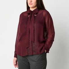 This chic semi-sheer women's blouse from Worthington is perfect for fall with its rich burgundy hue. It's made from a woven fabric with a bow tie neckline and lace panels for a feminine elegant touch. Wear it with jeans or trousers.Closure Type: ButtonFit: Regular FitNeckline: Collar NeckSleeve Length: Long SleeveSleeve Style: Cuffed SleeveApparel Length: 26.5 InchesFiber Content: 54% Rayon, 46% Tencel LyocellFabric Description: Plain WeaveCollar: Point CollarCare: Machine Wash, Line DryCountry Elegant Burgundy Blouse For Work, Burgundy Fall Workwear Shirt, Burgundy Shirt For Fall Workwear, Fall Burgundy Shirt For Work, Chic Long Sleeve Burgundy Blouse, Burgundy Long Sleeve Shirt For Work, Chic Burgundy Long Sleeve Blouse, Elegant Burgundy Fall Blouse, Sheer Tops For Workwear In Fall