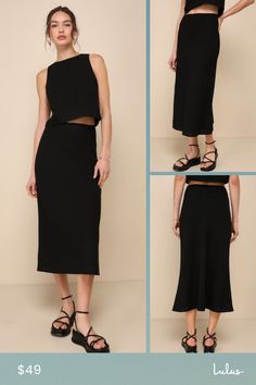 An effortless look like the Lulus Pleasant Poise Black High-Rise A-Line Midi Skirt is a wardrobe must-have! Lightweight linen-like fabric shapes these cute skirt that has a high, elasticized waist (with subtle scalloped trim) and a chic, A-line silhouette. Graceful midi hem completes the look. Pair with the matching top for a complete look! Fit: This garment fits true to size. Length: Mid-calf length. Size medium measures 34.50" from waist to hem. Waist: Loosely Fitted. Hip: Loosely Fitted. Fabr Versatile Midi Length Summer Bottoms, Versatile Midi-length Summer Bottoms, Flattering Midi Skirt For Summer, Versatile Midi Length Skirt For Day Out, Versatile Summer Midi Skirt, Chic Solid Color Maxi Skirt For Day Out, Relaxed Viscose Skirt For Day Out, Chic Maxi Skirt For Brunch, Chic Pencil Skirt Bottoms For Brunch