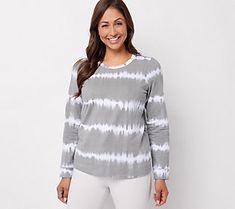 Take on the tie-dye trend in something subtle: this French terry sweatshirt that's low-key cool yet big on comfort.  Best of all, there's no dyed fingertips or pungent vinegar smell here -- just an already-done-for-you design that's monochromatic for easy layering, mixing, and matching.  Don't you just love it when getting dressed is joyfully simple? From Denim & Co.® Fashions. Dyed Fingertips, Classic Grey, Tie Dye Designs, Comfy Tops, Different Fabrics, Blouse Styles, Low Key, Nice Tops, Long Sleeve Sweatshirts