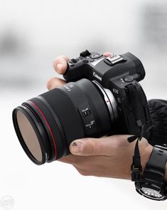 a person holding a camera in their hand with the lens attached to it's body