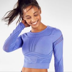 Nwt Fabletics Jaymee Mesh Top, Size 6/8 Medium, Long Sleeves, Cropped Cut, Moisture-Wicking, Great For Training, Yoga, Etc. Blue Seamless Tops For Pilates, Long Sleeve Moisture-wicking Sports Bra For Yoga, Long Sleeve Moisture-wicking Sports Bra For Workout, Blue Fitted Top For Pilates, Fitted Blue Top For Pilates, Breathable Long Sleeve Sports Bra, Blue Sportswear Tops For Pilates, Purple Moisture-wicking Tops For Running, Moisture-wicking Purple Tops For Running