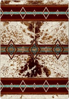 a brown and blue area rug with an abstract design on the bottom, along with two lines