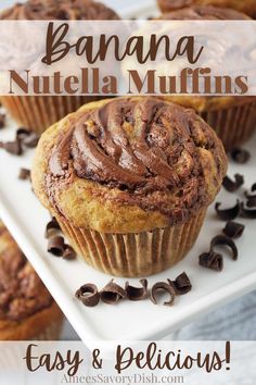 banana nutella muffins on a plate with chocolate chips