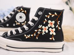 " Custom Embroidered Converse High Tops Taylor 1970s/ Sweet Cherry Blossom Shoes/ Custom Sneaker Taylor Embroidered Flower "   CONVERSE ∙ EMBROIDERED ∙ FLOWER CONVERSE * Material: High-quality premium cotton embroidery thread, colorfast * Dimensions: Tailored to your selected US shoe size * Finish: High-end embroidery ∙ Sharp threading ∙ Colorfast * All shoes are custom-made by hand with Love and Care in our workshop ♡ 🎁 UNIQUE POINTS 🎁 Includes 1 pair of socks Free custom name or personal inf Cherry Blossom Shoes, Embroidered Converse High Tops, Flower Converse, Converse Haute, Embroidered Converse, Converse Custom, Embroidered Shoes, Shoes Custom, Unique Shoes