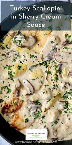 a skillet filled with chicken, mushrooms and gravy in a creamy sauce