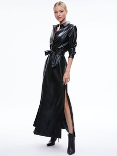 Chassidy Vegan Leather Maxi Shirt Dress In Black Pink Denim Skirt, Button Outfit, Maxi Shirts, Blazer And Skirt, Alice And Olivia, Maxi Shirt Dress, Sweaters And Leggings, Black Shirt Dress, Denim Pant