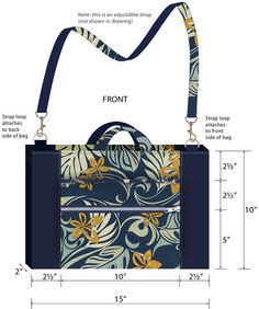 an image of a handbag with measurements for the front and side pockets, as well as