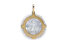 18kt gold miraculous medal in mother of pearl, surrounded by delicate pearls. White Miraculous Medal Pendant Jewelry, White Pendant Jewelry With Miraculous Medal, Miraculous Medal Pendant For Wedding, Wedding Miraculous Medal Pendant, Elegant White Miraculous Medal Jewelry, Elegant Miraculous Medal Round Pendant Jewelry, Elegant Round Miraculous Medal Jewelry, Yellow Gold Miraculous Medal Jewelry For Wedding, Elegant Miraculous Medal Jewelry