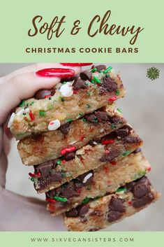 soft and chewy christmas cookie bars stacked on top of each other