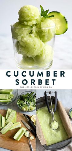 cucumber sorbet in a glass bowl and on a cutting board