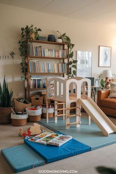 Indoor playroom featuring a wooden slide and climbing structure, surrounded by bookshelves, plants, and children’s toys. The cozy space is designed for young children, promoting play and learning. Balcony Kids Play Area, Colorful Playground, Unique Playground, Organize Toys