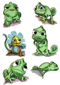 some green cartoon animals with big eyes and one sitting on the ground, while another sits down