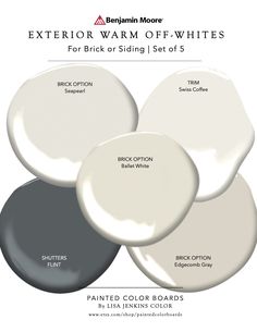 four different shades of white paint with the words, exterior warm off - whites for brick siding