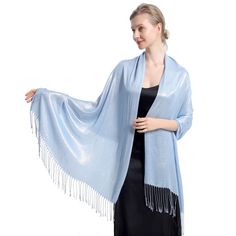 PRICES MAY VARY. Soft and Shimmer : The Light Blue shawl is made of 100% Viscose with metallic thread,which is soft breathable comfortable and drape nicely,It's suitable for all seasons;This evening shawl is about 78" x 27" (200 cm x 70 cm),weight:105g (3.7 oz) Elegant Fringe Design : The fabric with a glossy feel and a special design with long tassels make you look unique and attractive;The sparkling shawl allows you to maintain your temperature while being beautiful Versatile : These Light Blu Rose Gold Wedding Dress, Light Blue Scarf, Bridesmaid Shawl, Simple Scarf, Evening Shawls, Blue Shawl, Dress With Shawl, Womens Wedding Dresses, 80s Outfit