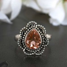 Morganite Quartz Ring, 925 Solid Sterling Silver Ring, Handmade Ring, Pink Morganite Doublet Ring, Gift For her, Pear shape ring, Mom Gift Note - We Also make Jewelry in Yellow Gold Plating, Rose Gold Plating, 14K Gold, 18K Gold if you want then message me i will Provide you best service 😊 Product & Gemstone Details -  Gemstone  - Peach Morganite Quartz (Doublet) Stone Shape - Pear Stone size-  Metal - 925 Sterling silver  Stamp- 925 Stamped Finish- Oxidized  We accept custom orders too  >> Abo Sterling Silver Teardrop Topaz Ring Gift, Teardrop Silver Topaz Ring In Sterling Silver, Silver Sterling Silver Teardrop Topaz Ring, Pear Shape Ring, Pear Shaped Ring, Peach Morganite, Kitty Party, Pink Morganite, 19 Days