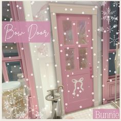 a pink door with white snowflakes on it and the words bunny dooy