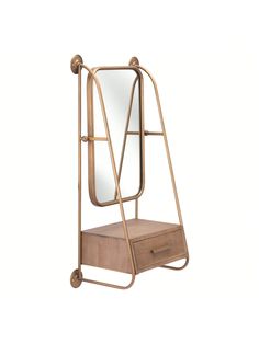 a wooden and metal stand with a mirror on it's side, against a white background