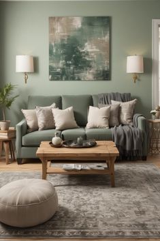 a living room filled with furniture and a large painting on the wall above it's coffee table