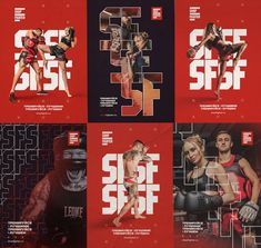 four different posters with the same woman in red and black outfits, one is wearing boxing gloves