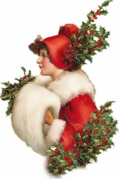 an old fashioned christmas card with a woman wearing a santa hat and holding holly berries