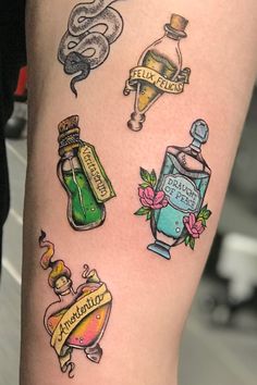 an arm with tattoos on it and various items in the shape of letters that spell out