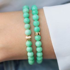 "Want to save 15% off your first order? Sign up for our newsletter by visiting our website and filling out the pop up form. Receive a code by email, then send us that code through Etsy messages to save 15% off your ETSY order, sign up here: www.earthlyabundancejewelry.com  Chrysoprase opens, activates and energises the heart and sacral chakras, balances yin-yang energy, and brings Universal energy into the physical body. It induces deep meditative states, and imparts a sense of being a part of the divine whole. Chrysoprase promotes love of truth. This listing has three different options available: #1 Chrysoprase 6mm with 14K gold filled rondel #2 Chrysoprase 6mm with 14K gold filled corrugated bead Please select your option in the drop down menu and let us know if you have any questions :) Green Onyx Bracelets - Gift, Green Amazonite Bracelet With Natural Stones, Green Bracelets With Natural Stones, Green Onyx Beaded Bracelets As Gift, Green Amazonite Beaded Bracelets With Natural Stones, Green Amazonite Beaded Bracelets As Gift, Green Amazonite Gemstone Beaded Bracelets, Green Onyx Round Beads Bracelet, Green Onyx Round Beads Bracelets