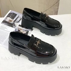 Lasaky - Black Leather Elevated Dress Shoes with Chunky Soles and Slip-Resistant Features Mens Black Dress Shoes, Black Leather Dress Shoes, Rough Heels, Black Leather Dresses, Formal Loafers, Black Formal, Black Leather Loafers, Platform Loafers, Leather Dress Shoes