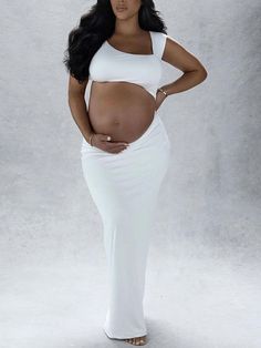 Momyknows White Cut Out Irregular Crop Cap Sleeve Bodycon Photoshoot Maternity Maxi Dress Kim Kardashian Maternity Shoot, Pregnancy Crop Top Outfits, White Maternity Dress Photo Shoots, Brown Baby Shower Dress, Studio Maternity Shoot Black Woman, Pregnant Baddie Outfits, Dress For Maternity Shoot, Bodycon Photoshoot, Plus Size Maternity Fashion