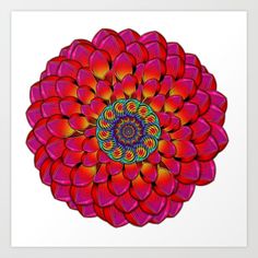 a red and yellow flower art print on a white background with an orange, blue, pink