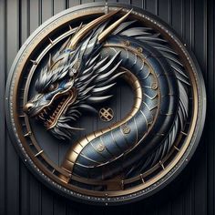 a black and gold dragon emblem on the side of a building with dark wood paneling