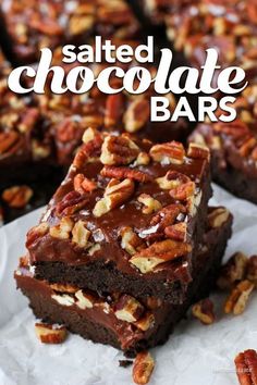 salted chocolate bars with pecans on top and the words salted chocolate bars above it