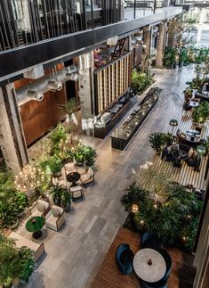 an overhead view of a restaurant with tables and chairs in the center, surrounded by potted plants