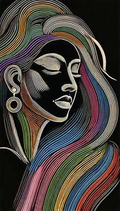 a drawing of a woman's face with multicolored lines on her hair