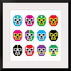 a pixel art print with six different colored skulls in the shape of heads and eyes