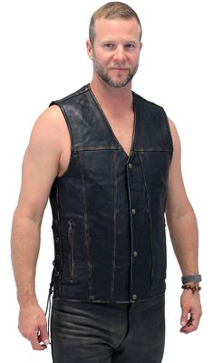 Vintage Brown Side Lace Concealed Pocket Straight Bottom Vest #VMA2612GN Rugged Leather Sleeveless Vest, Brown Sleeveless Biker Vest, Vest For Men, Pocket Vest, Lace Vest, Leather Skin, Leather Hats, Leather Shirt, Buffalo Leather