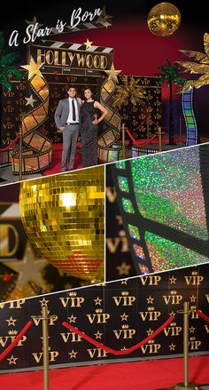 the hollywood red carpet has been decorated with gold and green glitters, stars, and disco balls