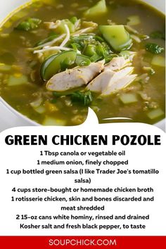 a bowl of green chicken pozole is shown with the instructions for it to be eaten