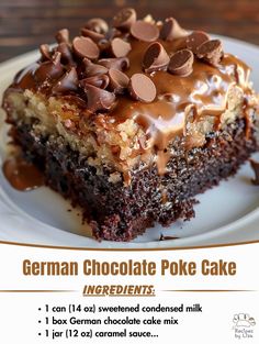 a piece of german chocolate poke cake on a white plate