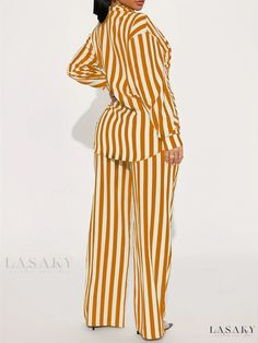 Lasaky - Elegant Striped Print Two-piece Set: Button Front Long Sleeve Shirt & Wide Leg Pants Ensemble, Womens Fashion Wear Striped Long Sleeve Sets For Work, Pants Details, Two Piece Sets, Fashion Wear, Wide Leg Pants, Wide Leg, Two Piece, Long Sleeve Shirts, Long Sleeve