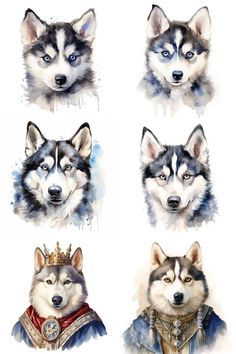 four husky dogs wearing different outfits and tiaras, all in watercolor on paper