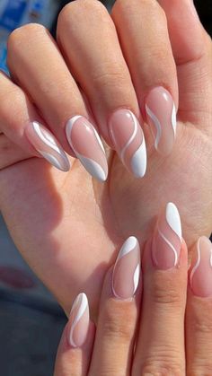 French Nails With Design Almond, Ganpati Nails Design, White Nail Inspo Almond, Jell Nails Ideas, Almond White Nails Design, Nails For Paris Trip, Mail Inspo Almond, Abstract French Tip Nails, Abstract French Nails