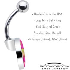 Product Details Hypoallergenic belly ring for sensitive skinPink JOMO Belly Ring You know you're not missing out on anything so tell the world with this 14 gauge navel ring. It's made with a 7/16 inch 316L surgical grade stainless steel curved barbell with a 5mm top ball end. The bottom end features a pink disc logo charm with yellow star embellishments. In the center is the acronym JOMO in matching yellow script for a look that's both whimsical and stylish. You won't be missing out on colorful Adjustable Hypoallergenic Stainless Steel Belly Rings, Adjustable Nickel-free Pink Belly Rings, Conch Piercing Jewelry, Daith Piercing Jewelry, Opal Nose Ring, Tragus Piercing Jewelry, Pregnancy Belly Rings, Horseshoe Jewelry, Belly Piercing Jewelry