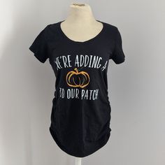 We're Adding A Pumpkin To Or Patch Maternity Shirt. Worn Once. Basically Brand New. Black Short Sleeve Maternity Top, Maternity Black Cotton T-shirt, Black Maternity T-shirt Crew Neck, Announcement Ideas, Pregnancy Announcements, Black Floral Top, Maternity Shirt, Pregnancy Announcement Shirt, Maternity Tees