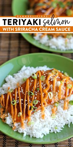 Whip up this teriyaki salmon recipe! Drizzled with a creamy sriracha sauce, these oven baked salmon fillets are a delicious busy weeknight dinner. This quick and easy meal for tonight is also impressive enough for company! Siracha Salmon, Oven Baked Salmon Fillet, Creamy Sriracha Sauce, Salmon Fillet Recipes, Sriracha Salmon, Salmon Soy Sauce, Sauce For Salmon, Oven Baked Salmon, Teriyaki Salmon