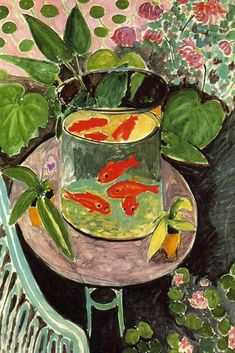 a painting of goldfish in a bowl on a table next to plants and flowers