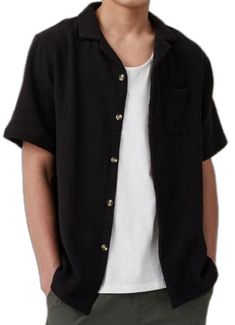 Black Button-up Shirt For Vacation, Black T-shirt With Button Closure For Spring, Black Button Closure T-shirt For Spring, Black Spring T-shirt With Button Closure, Spring Black T-shirt With Button Closure, Black Shirt With Button Closure For Summer, Black Button Closure Shirt For Summer, Black Relaxed Fit Shirt For Summer, Casual Black Button-up Camp Shirt